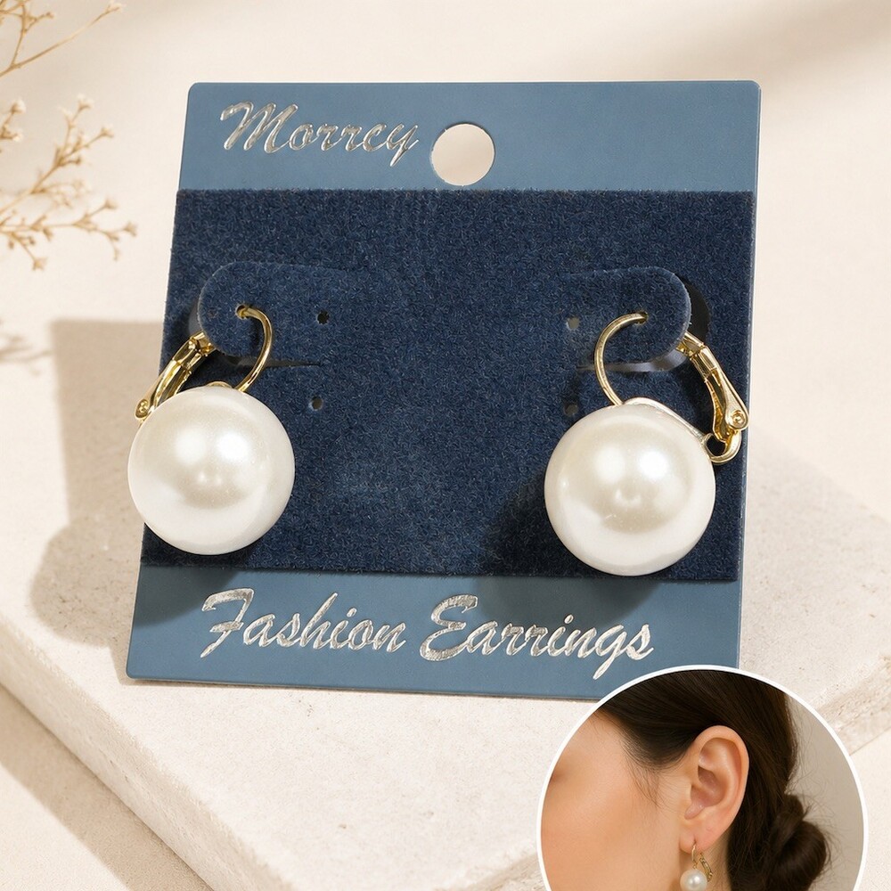 Morrey Earrings White vintage Pearl Drop Dangle Gold Tone clip on cute Wedding